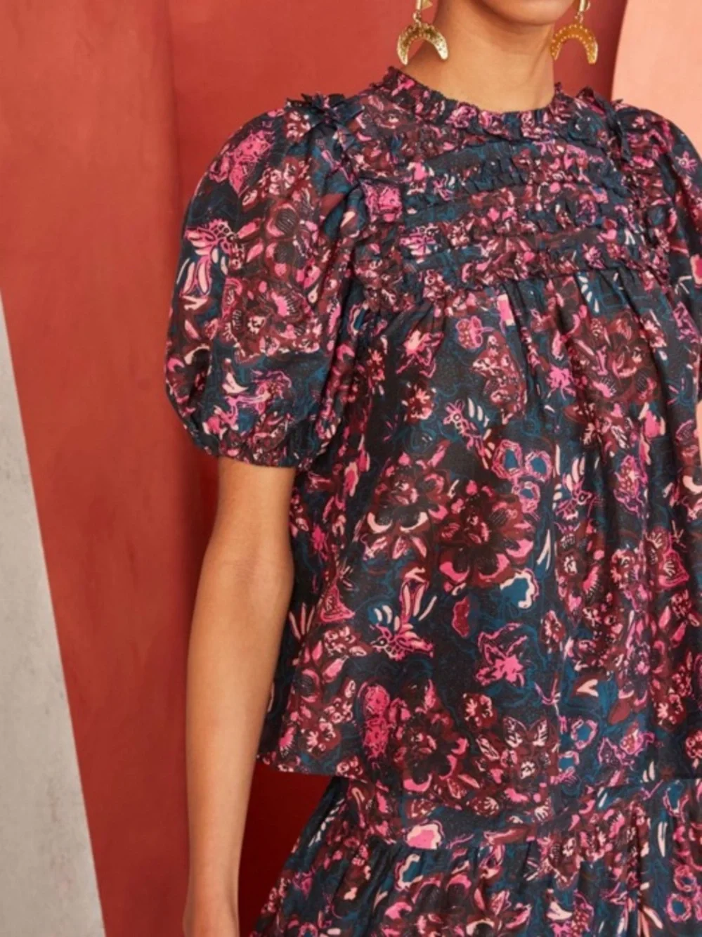 Ulla Johnson Navy and Pink Floral Puff-Sleeve Smocked Blouse